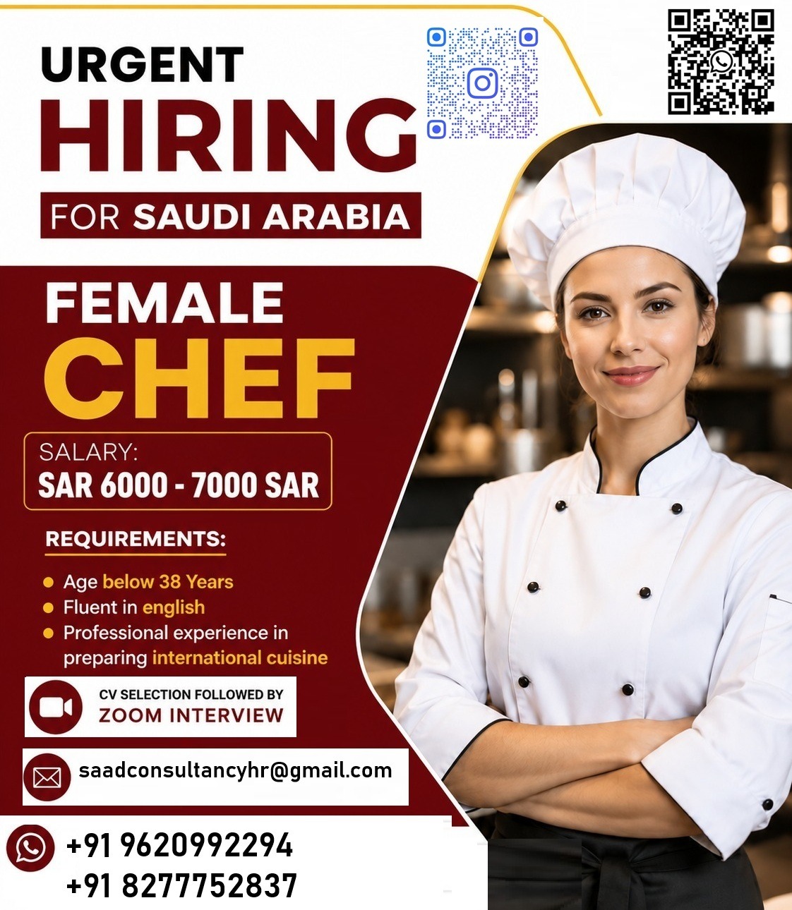 HIRING FOR FEMALE CHEF IN SAUDI ARABIA